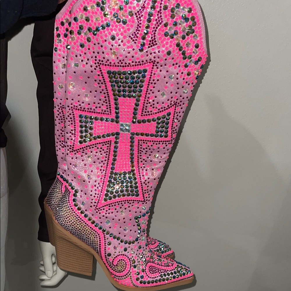 Pink Rhinestone Embellished Women's Boots - Picture 5 of 6